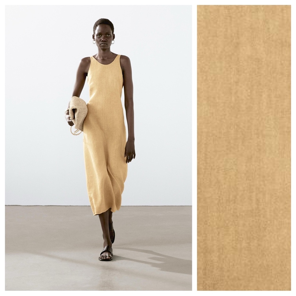 NWT. Massimo Dutti Yellow 100% Linen Midi Dress with a Scoop Neck. Size 2.